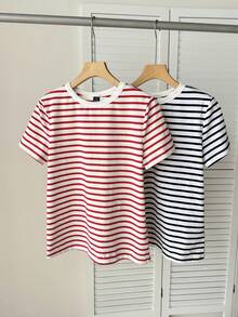 SHEIN BASICS 女款條紋拼色休閒日常夏季T恤 2件/組 - 彩色 - 查看 4