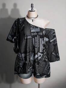 SHEIN ICON 女款大尺碼復古70年代Grunge千禧風Y2K休閒街頭露肩拼接報紙圖案黑白寬鬆T恤夏季 - 彩色 - 查看 4