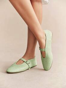 Rosivie Zapatos Mary Jane tejidos franceses, punta redonda con suela plana, estilo retro para uso diario y desplazamientos, zapatos de mujer con vampo bajo - Verde claro - Ver 4