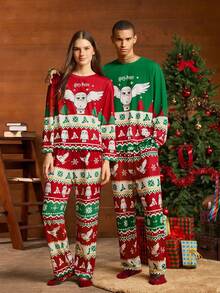 HARRY POTTER X SHEIN Men's Christmas Cartoon Owl Print Long Sleeve Top And Pants Loungewear Set, Spring/Autumn, Fall Winter Clothes - Green - View 1