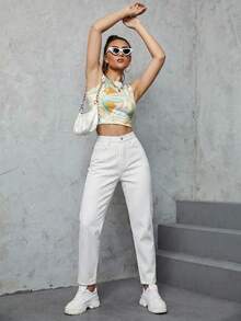 SHEIN ICON 女款條紋口袋休閒通勤牛仔媽媽牛仔褲 - 黑與白 - 查看 6