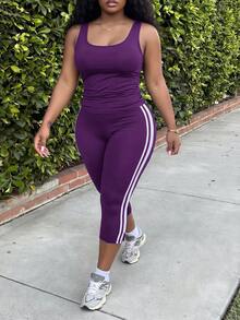 Slaydiva Women's Plus Size 2 Pieces Set: Slim Fit Sleeveless Tank Top With Ruched Waist And Slim Fit 7/8 Length Cycling Pants With Contrast Color Side Tape Splice, Navy Blue Knitted Elastic Fabric - Purple - View 6