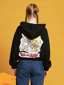 TOM & JERRY X SHEIN Women's Cartoon Pattern Front-zip Hooded Jacket - Black - View 2