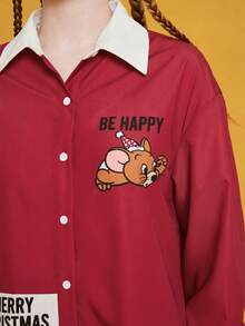 TOM & JERRY X SHEIN Ladies Cartoon Pattern Front Button Shirt Dress Nightgown - Multicolor - View 9