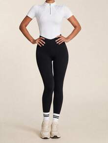 SHEIN BAE Women's Rhinestone Embellished Zipper Design Short Sleeve Equestrian Top Elegant And Casual Crystal Everyday White Casual Sports - White - View 6