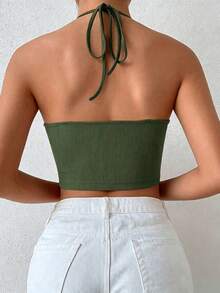 SHEIN Holidaya 女款夏季豹紋鏤空綁帶短版上衣 圖案豹紋 T-shirt 女裝上衣 - 軍綠色 - 查看 2