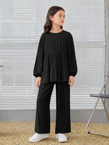 SHEIN 青少年女孩寬鬆優雅圓領A字長袖上衣與寬腿褲套裝，秋冬穿搭 - 黑色 - 查看 4