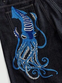 ROMWE MEN Goth 男士魷魚刺繡口袋休閒牛仔短褲 - 藏蓝色 - 查看 4