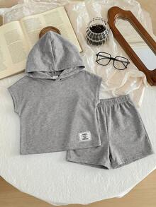 2pcs Baby Boy Letter Print Hoodie T-Shirt And Shorts Casual Outfit - Light Grey - View 4