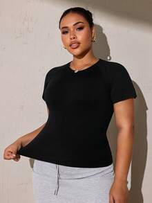 Velisys Velisys Plus Size Women Solid Color Raglan Short Sleeve Sports T-Shirt Gym Sports White Summer Sports Gym With Breathable Fabric Gym - Black and White - View 10