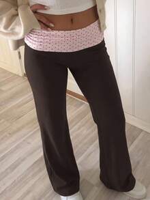 Teen Girl High Waist Color Block Polka Dot Patchwork Casual Loose Long Pants - Brown - View 4