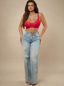 SHEIN BAE CURVE 1件装女士加大码蕾丝拼接舒适钢圈文胸 - 紅色 - 查看 3
