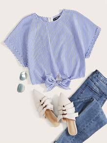SHEIN LUNE Vertical Striped Knot Hem Zip Back Blouse,Short Sleeve Tops - Blue - View 1