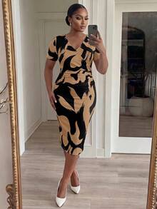 SHEIN Lady CURVE 大尺碼女款 V 領拼接色休閒派對夏季洋裝 - 棕色 - 查看 5