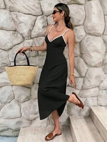 SHEIN Frenchy 女款拼色休閒細肩帶中長洋裝，適合度假 - 黑色 - 查看 10