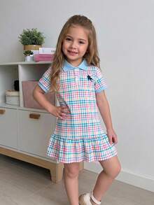 Emery Rose Kids 兒童小女孩度假休閒時尚短袖洋裝 粉色針織格紋領休閒洋裝 返校季 - 藍色 - 查看 5