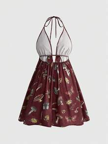 ROMWE Fairycore Summer Vacation Mushroom Moth Plant All-Over Print Halter Backless Mini Dress - Burgundy - View 2