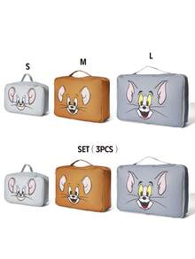 TOM & JERRY X SHEIN 卡通貓鼠旅行收納袋，適合學生/成人，衣物/化妝品收納袋，3種尺寸，單件/套組販售 - 灰棕藍 - 查看 8