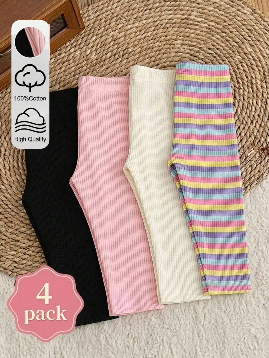 SHEIN Playful Pals 女嬰休閒簡約彩色可愛條紋素色內搭褲 4件組 春/秋 - 彩色 - 查看 1