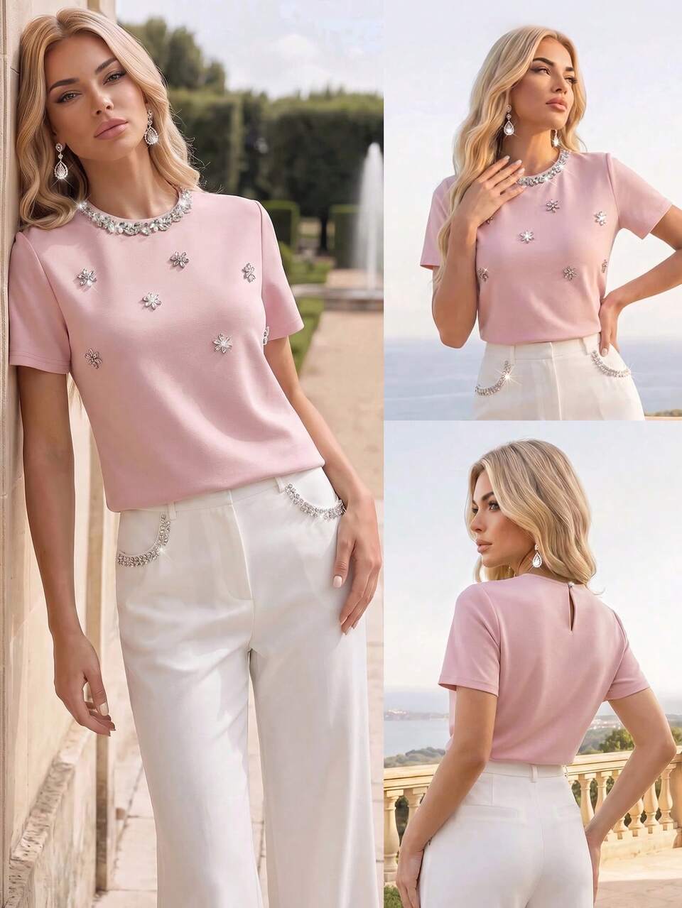 Anewsta Women's Elegant Pink Round Neck Rhinestone Flower Decor Short Sleeve T-Shirt, Women's Pink Short Sleeve Top, Women's Elegant, Suitable For Office Commute, Casual Vacation Wear