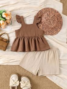 SHEIN Vintaside Kids 女童休閒舒適棕色方領細肩帶背心上衣，雙層荷葉邊肩帶、收腰設計與傘裙擺 + 米色短褲，適合日常穿著、居家、休閒出遊、親子旅行、小滿月/1歲生日與親友聚會 - 棕色 - 查看 5