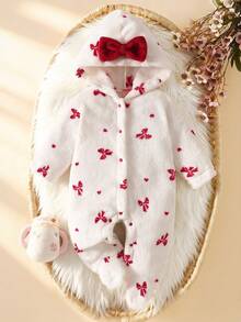 SHEIN Newborn Baby Girl Sweet Princess Style One-Piece Jumpsuit, Flannel Knit Fabric, White Base With Red Bow Full Print, Long Sleeve Hooded Footed Design With Large Bow Decoration, Thickened And Thermal Lined, Suitable For Holiday Photos, Full Moon Outings, Autumn/Winter For 0-9 Months Old Baby Girls - Red and White - View 3