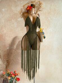 Soleia Vestido de cobertura de moda para mujer con cuello halter, borlas y diseño calado, para vacaciones en la playa, verde oliva, estilo bohemio de verano, para traje de baño y bañadores - Verde militar - Ver 7