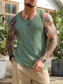 VENTUSAIL Men's Solid Color Round Neck Casual Everyday Perforated Jacquard Tank Top, Spring/Summer Holiday - Army Green - View 8