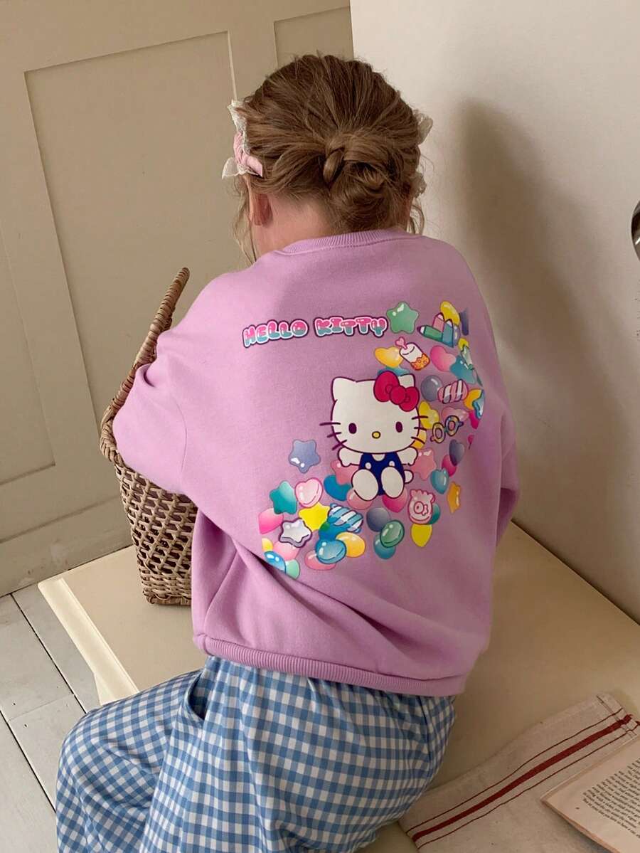 HELLO KITTY | DAZY بلوزة رياضية بنمط قطة KT لطيفة، بياقة دائرية وأكمام طويلة وقصة فضفاضة للفتيات الصغيرات، مناسبة للخريف - وردي - مشاهدة 1