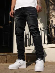 Manfinity Roughcore Jeans de mezclilla desgatados con bolsillo sencillo para hombres, uso casual de todos los días - Negro - Ver 6