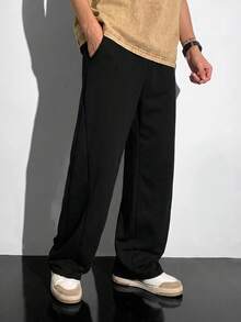 SHEIN Teen Boys Casual College Style Comfortable Fashion Minimalist Practical Versatile Cute Soft Comfortable Suitable For Daily Wear Suitable For School Suitable For Travel Suitable For Sports Minimalist Silhouette Split Sweatpants - Black - View 4