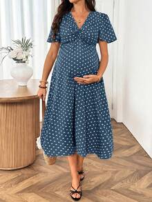 SHEIN 孕婦波點短袖優雅洋裝 - 藍色 - 查看 2