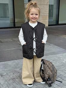 DAZY Young Girl Solid Color Bowknot Decor Zipper Casual Versatile Winter Cotton Padded Vest Fall - Black - View 8