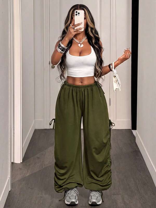 SHEIN BamGlam New Street Fashion Casual Sports Pants, Four-Season Women's Wide-Leg Sweatpants, With Elastic Waistb School Army Green Summer