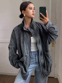 DAZY 秋冬新款女款寬鬆休閒做舊水洗牛仔外套 - 霧霾藍 - 查看 6