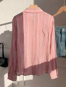 Comfortcana Women's New Embroidered Striped Fitted Long Sleeve Blouse Casual Blouses 2000s Style Office Outfits For Women Country Cute Tops Basic Blouses Going Ou - Pink - View 2
