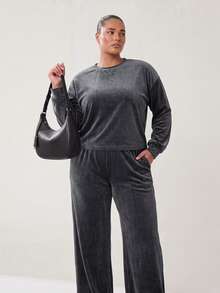 Solavibe Plus Size Autumn Casual Simple Traditional Elegant Solid Color Top And Pants 2 Pieces Set Fall Vacation Formal Black - Grey - View 7