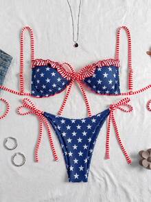 Swim Vcay New Spring/Summer Beach Pool Party Vacation Fashion Sexy Cute Polka Dot Print Ruffle Drawstring Thin Strap Bikini Two-Piece Swimsuit For Women - Multicolor - View 4