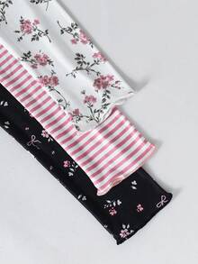 SHEIN 青少年針織高彈力3件套 粉色條紋配黑白碎花 時尚百搭舒適優雅 適合外出與居家穿著 返校季 - 彩色 - 查看 5