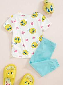 LOONEY TUNES X SHEIN Baby Girl Cartoon Print Top & Leggings Snug Fit Loungewear - Yellow - View 2