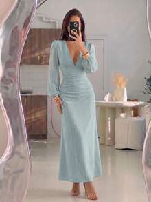 Modelyn Spring/Autumn Fashion Elegant Versatile Date Jacquard V-Neck Ruched Waist Slimming Long Dress For Women - Green - View 4