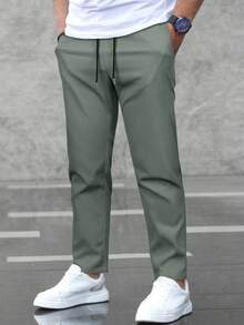 Manfinity Homme Men's Casual Drawstring Waist Solid Color Pants - Dark Green - View 4