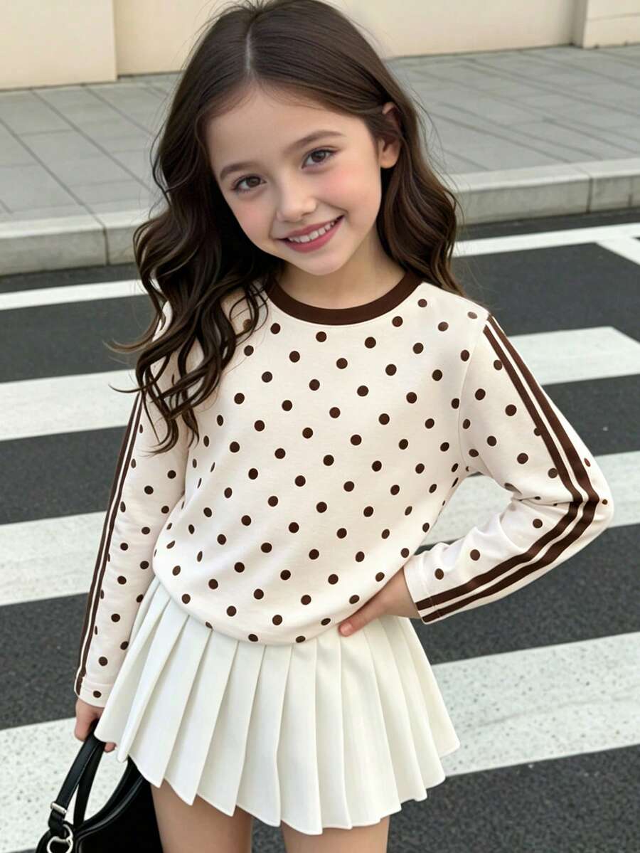 幼童女童四季時尚創意波點與條紋圖案長袖T恤,舒適基礎上衣 - 彩色 - 查看 1