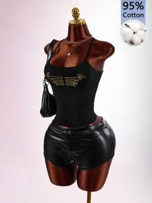 Amplova Black And Gold Foil Spaghetti Strap Sleeveless Fitted Military Style Vintage Sexy Criss-Cross Backless Women's Mini Tank Top Club Night Out Summer - Black and Gold - View 1