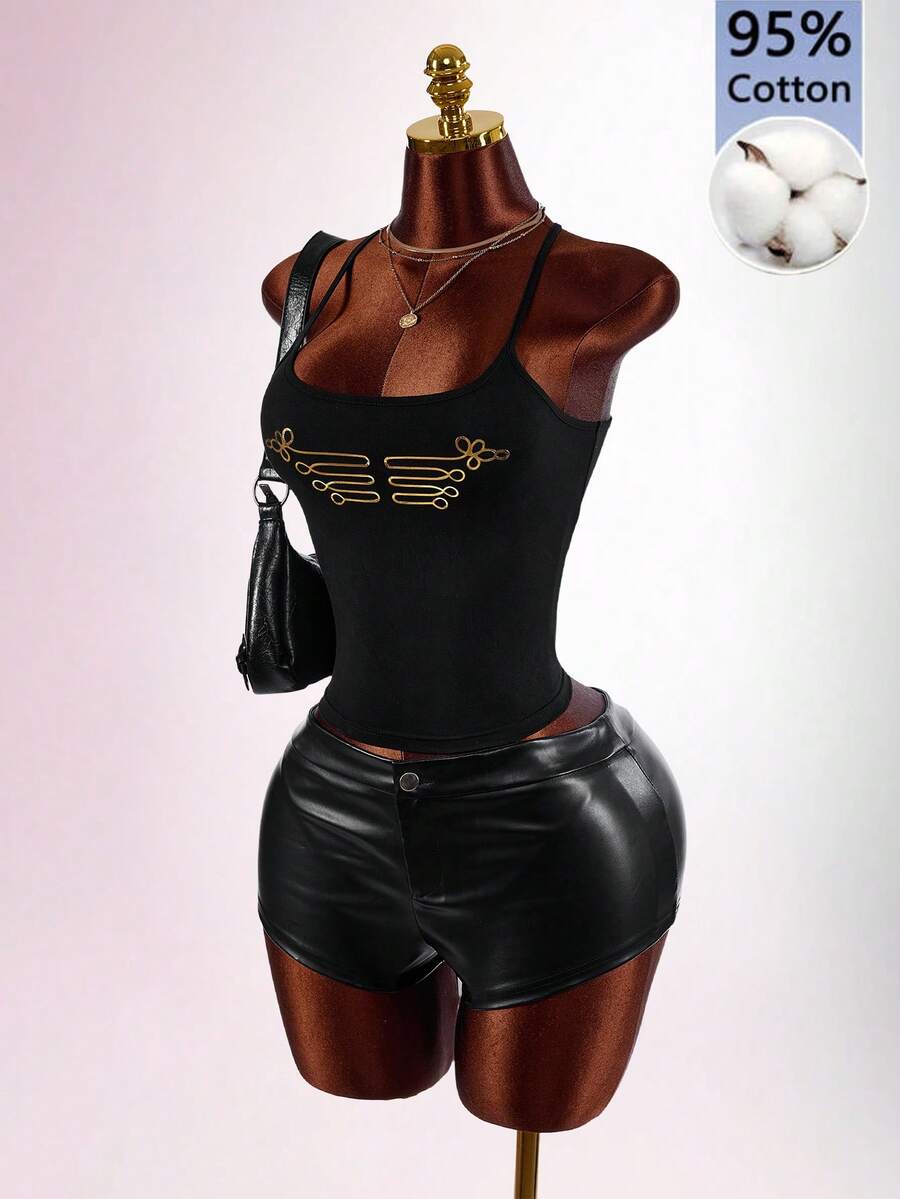 Amplova Black And Gold Foil Spaghetti Strap Sleeveless Fitted Military Style Vintage Sexy Criss-Cross Backless Women's Mini Tank Top Club Night Out Summer - Black and Gold - View 1
