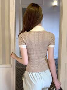 DAZY Women'S Contrast Color Polo Collar Knitted Top - Khaki - View 3