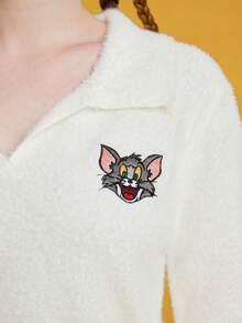 TOM & JERRY X SHEIN Jersey De Punto Esponjoso Con Patrón De Dibujos Animados Bordado - Blanco - Ver 5