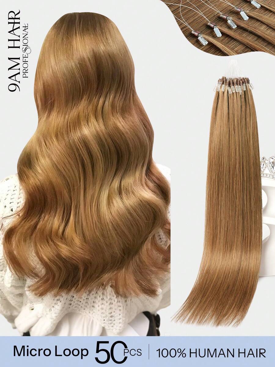 Micro Loop Human Hair Extensions Premium Virgin Remy Hair 6# Light Brown Reusable Invisible Micro Link Bead Hair No Glue No Tape Design 50Pcs 14-22 Inch Anti Shedding Soft Texture Ideal For Full Head Makeover Holiday& Hairstyle For Girls & Women - S6 - View 1