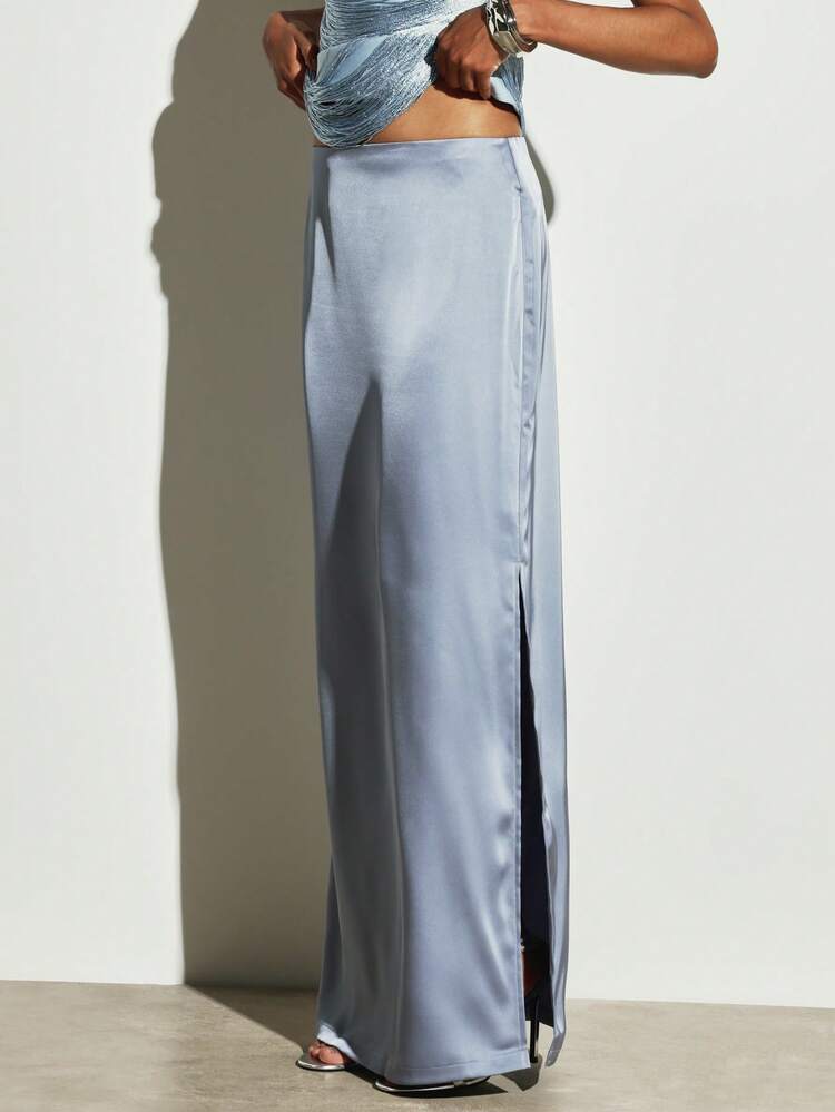 KSTM Satin Maxi Pencil Skirt With Side Split Low Rise Floor Length Sleek Bodycon Silhouette Evening Party Wedding Guest - Blue - View 7