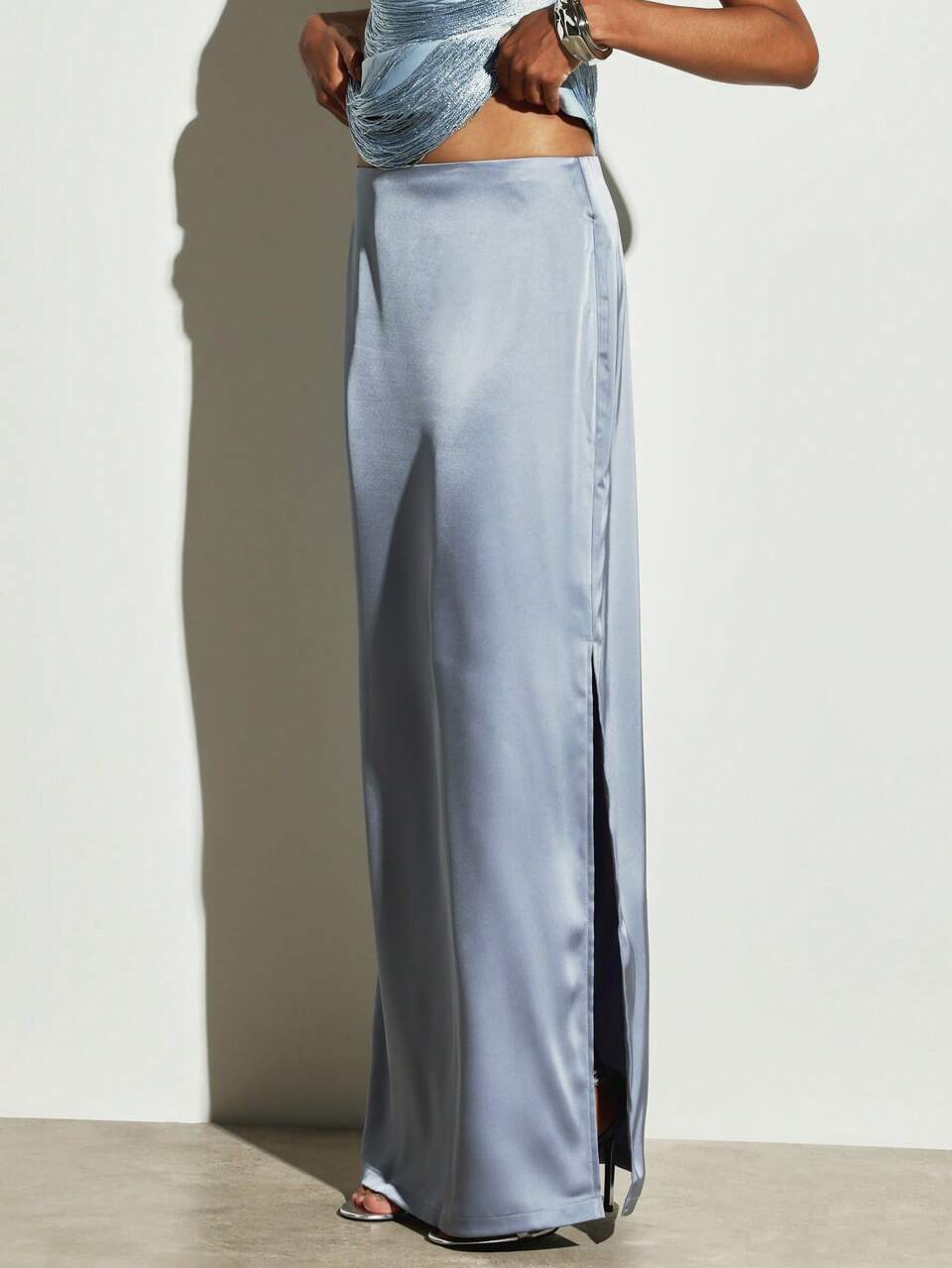 KSTM Satin Maxi Pencil Skirt With Side Split Low Rise Floor Length Sleek Bodycon Silhouette Evening Party Wedding Guest